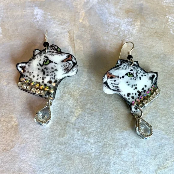 Handpainted snow leopard face earrings with rhinestones sterling wires big cats - Picture 5 of 7